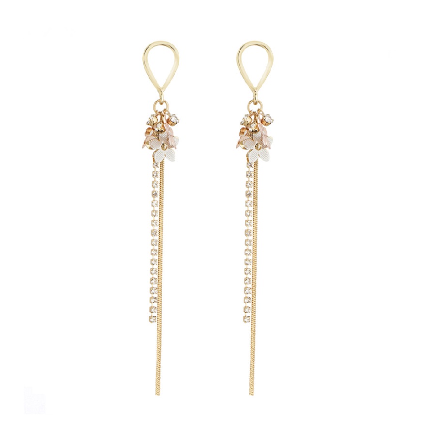 Three Tone Flower Long Drop Earrings 